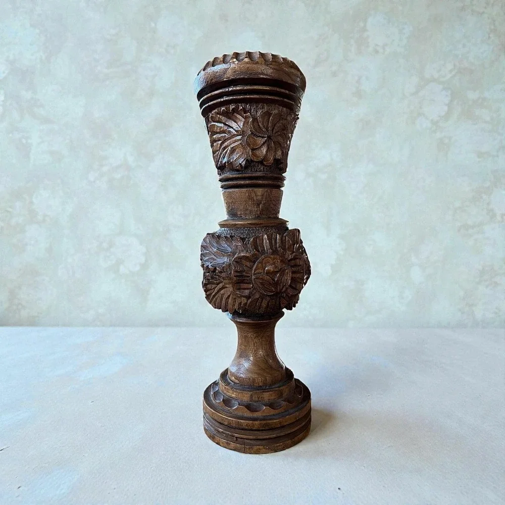 Hand Carved Floral Wooden Vase Rustic Artisan Decorative Wood Sculpture Vessel‎